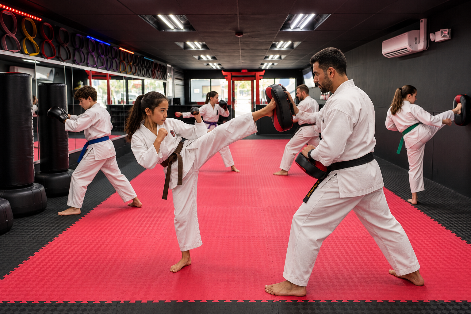 Illustration: Teenagers and adults practicing martial arts together