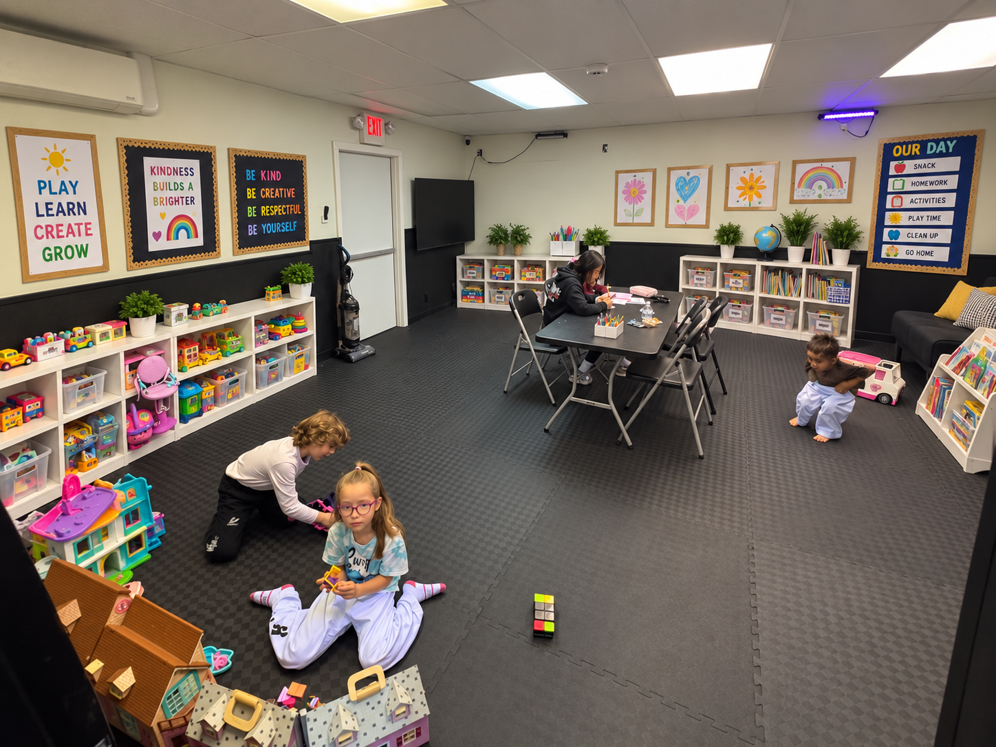 Digitally enhanced view of our after-school play area with organized books and toys