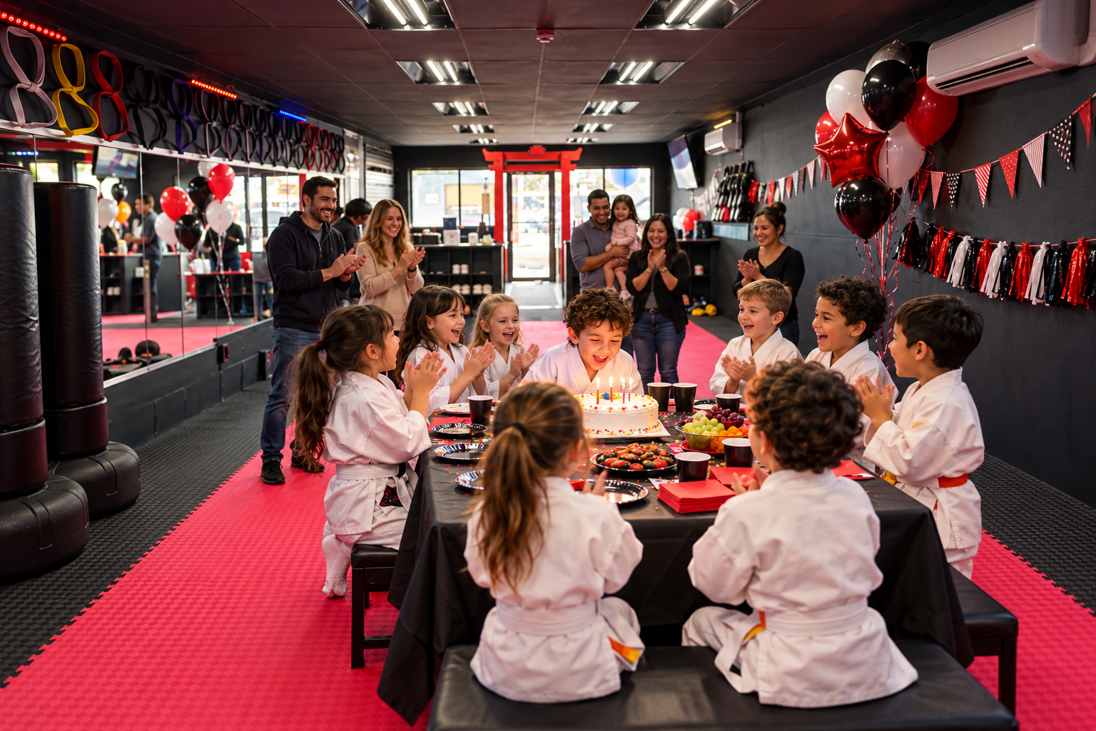 Illustration: children in karate uniforms celebrating a birthday with friends and family