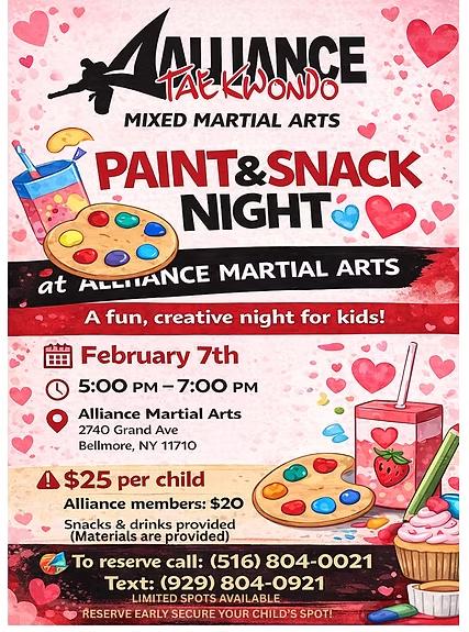 Archived Paint and Snack Night flyer for February 7, 5–7 PM