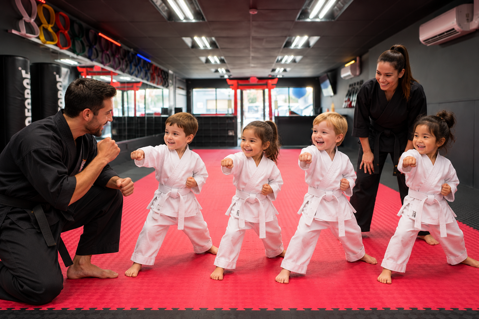 Illustration: Young children enjoying a beginner martial arts lesson with instructors