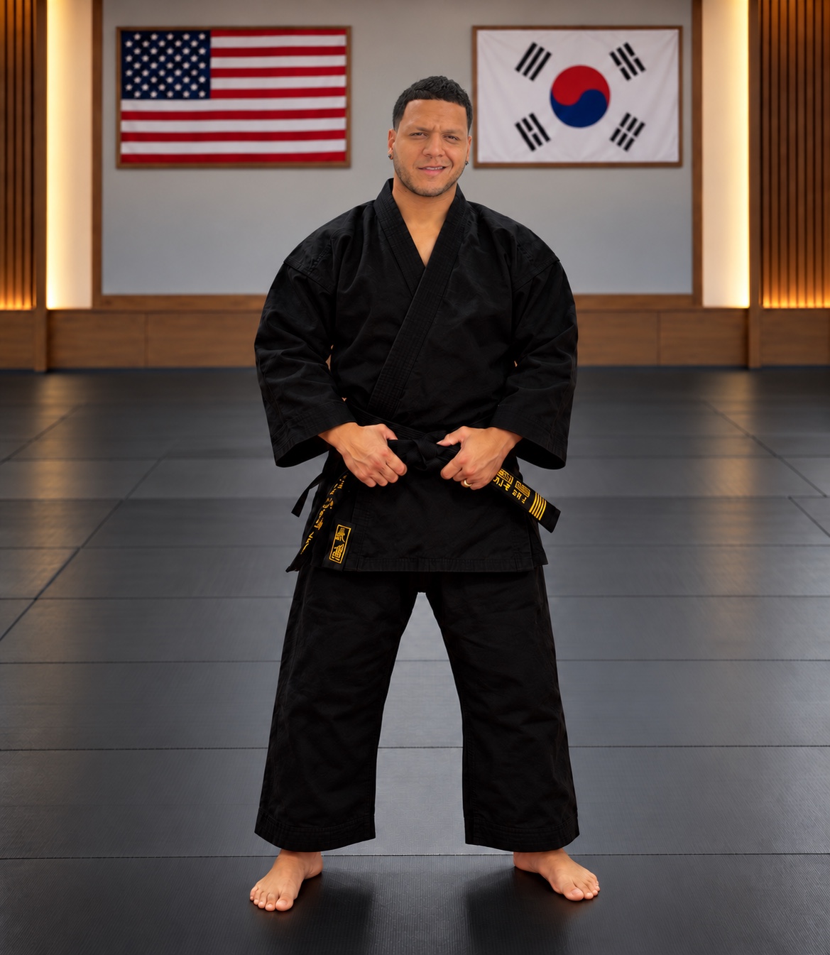 Sensei Christian Franco in his black martial arts uniform at the dojo
